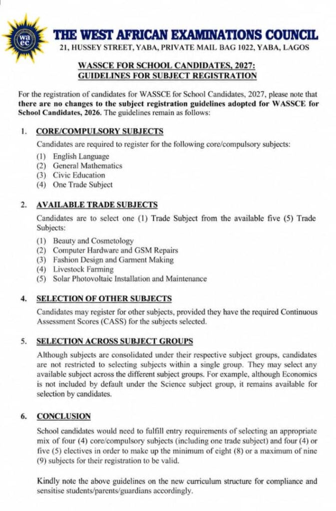 2027 WAEC SUBJECT COMBINATIONS